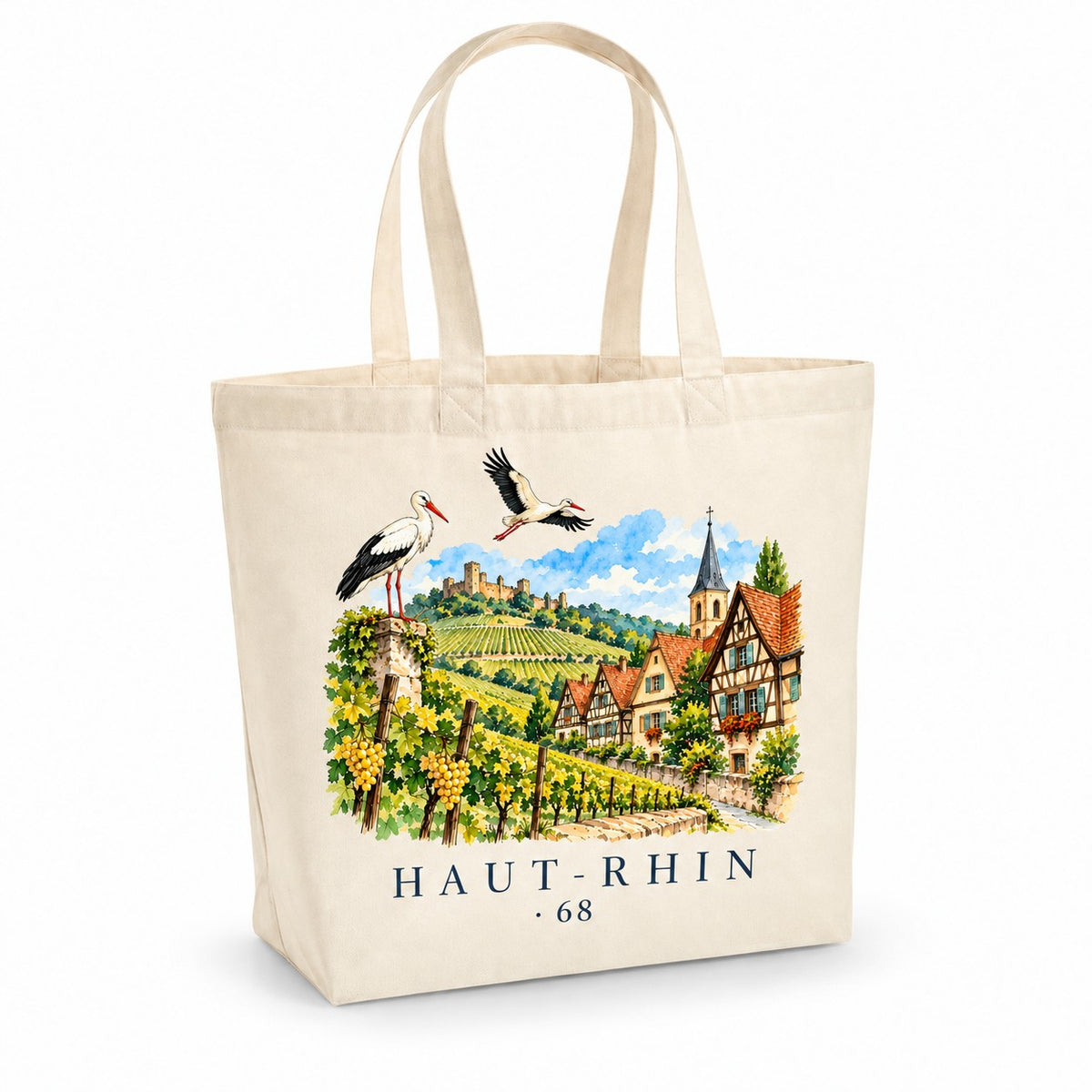 Tote bag Haut-Rhin (68) Premium, cabas à soufflet en coton naturel 200 g/m² de 18 litres, illustration aquarelle des cigognes, d'un village à colombages et des vignes