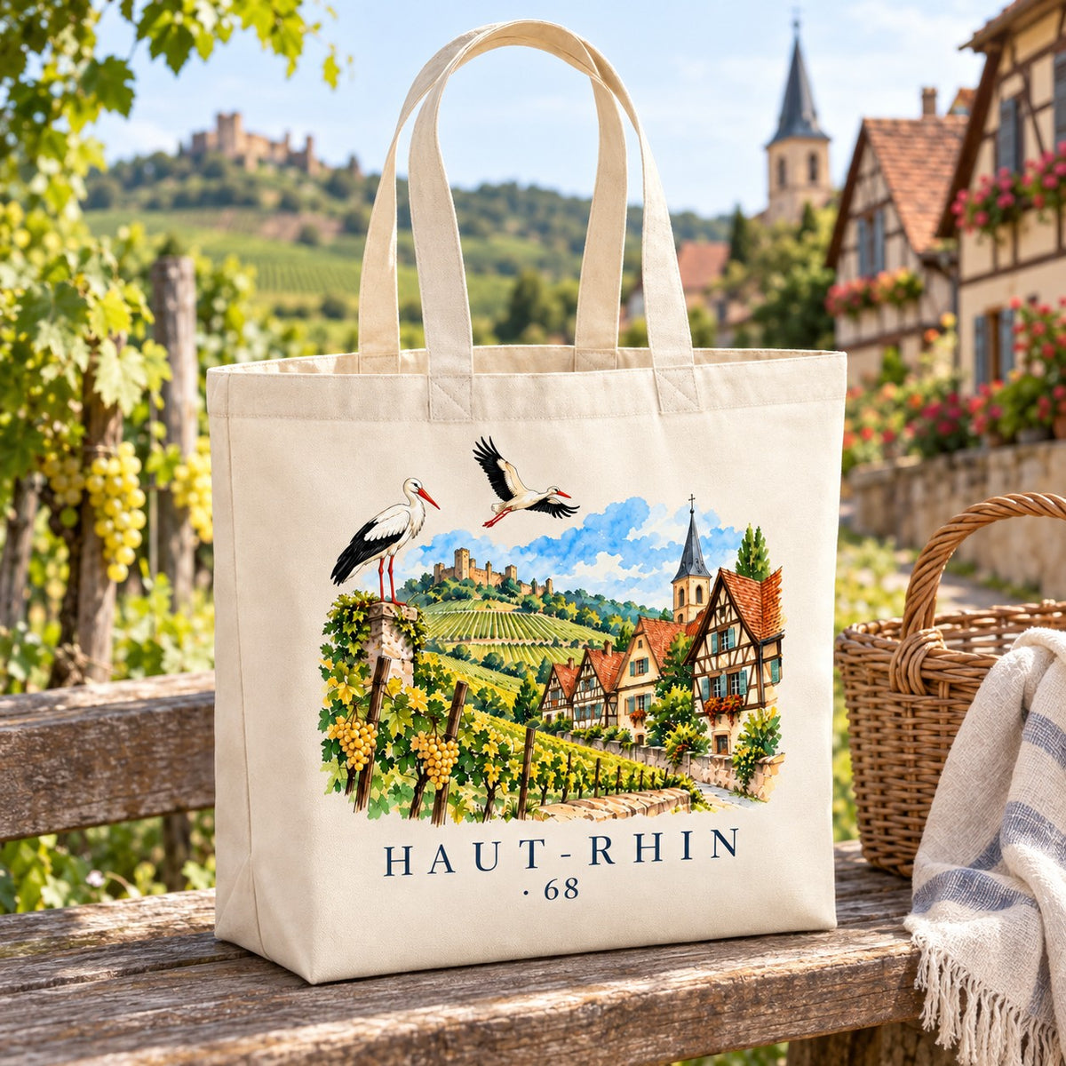 Tote bag Haut-Rhin (68) Premium posé sur un banc de bois au bord des vignes, avec un panier