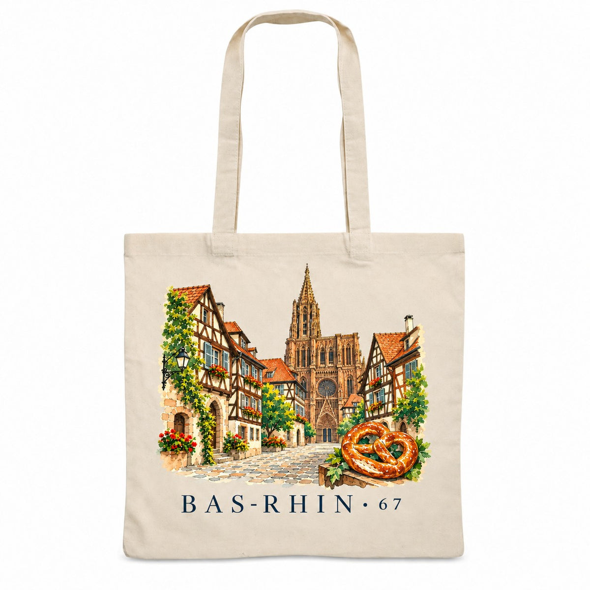 Tote bag Bas-Rhin (67) Essentiel, sac plat en coton naturel 140 g/m² de 38 × 42 cm, illustration aquarelle de la cathédrale, des maisons à colombages et d'un bretzel