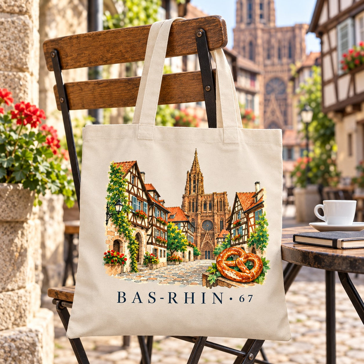 Tote bag Bas-Rhin (67) Essentiel suspendu à une chaise en terrasse, avec un café et un livre