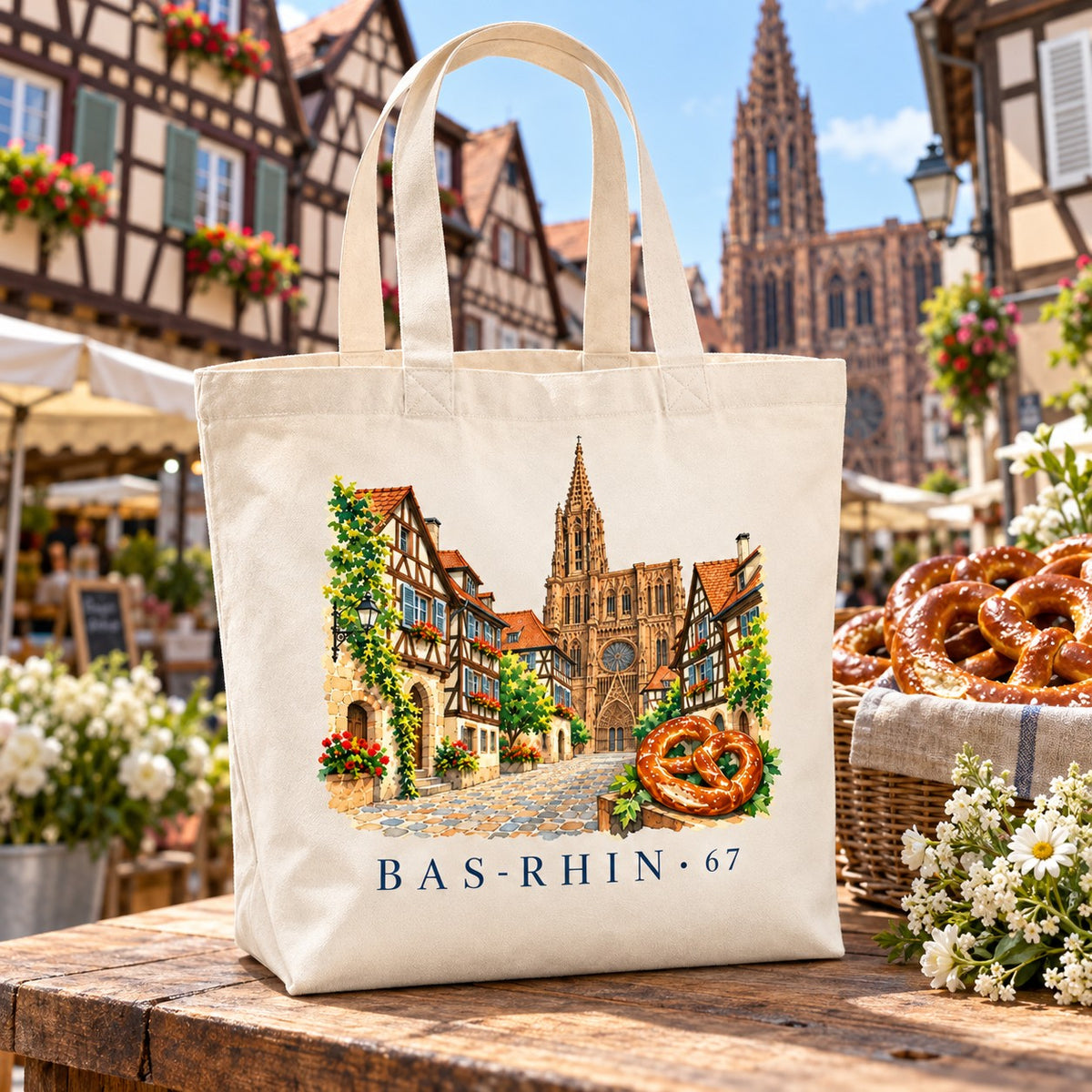 Tote bag Bas-Rhin (67) Premium posé sur une table de marché, à côté d'une corbeille de bretzels