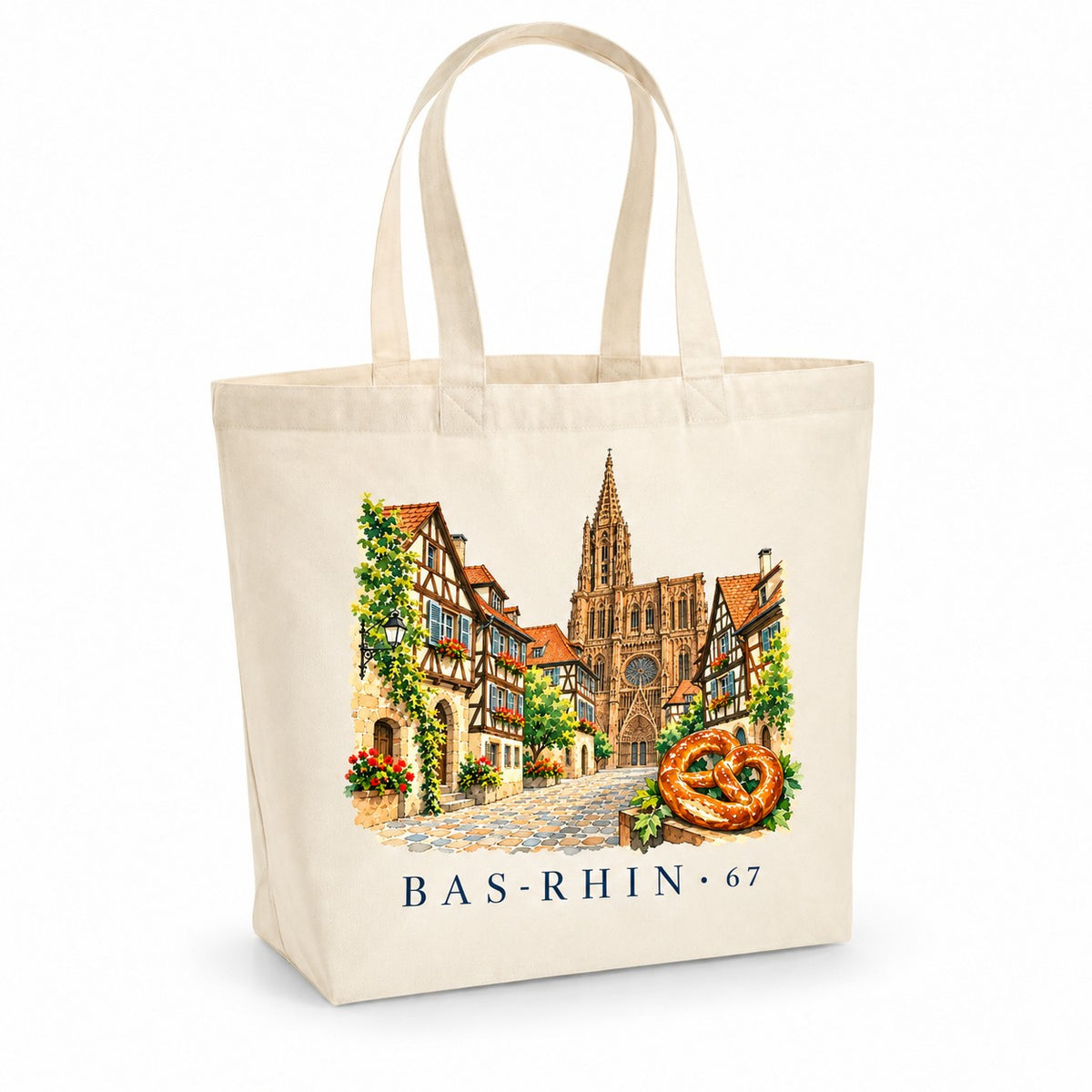 Tote bag Bas-Rhin (67) Premium, cabas à soufflet en coton naturel 200 g/m² de 18 litres, illustration aquarelle de la cathédrale, des maisons à colombages et d'un bretzel