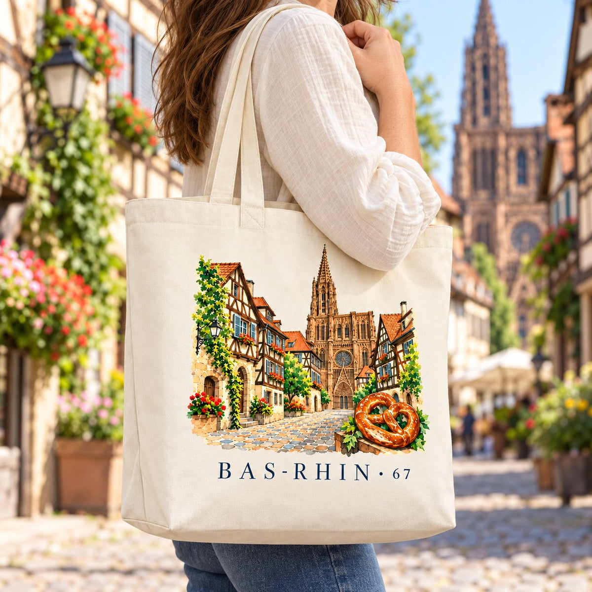 Tote bag Bas-Rhin (67) Premium porté à l'épaule dans une ruelle pavée, cathédrale en arrière-plan