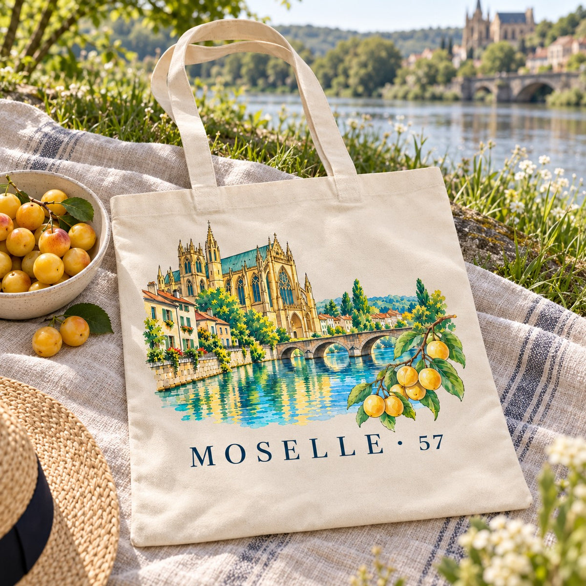 Tote bag Moselle (57) Essentiel posé sur une nappe de pique-nique au bord de la Moselle, avec des mirabelles