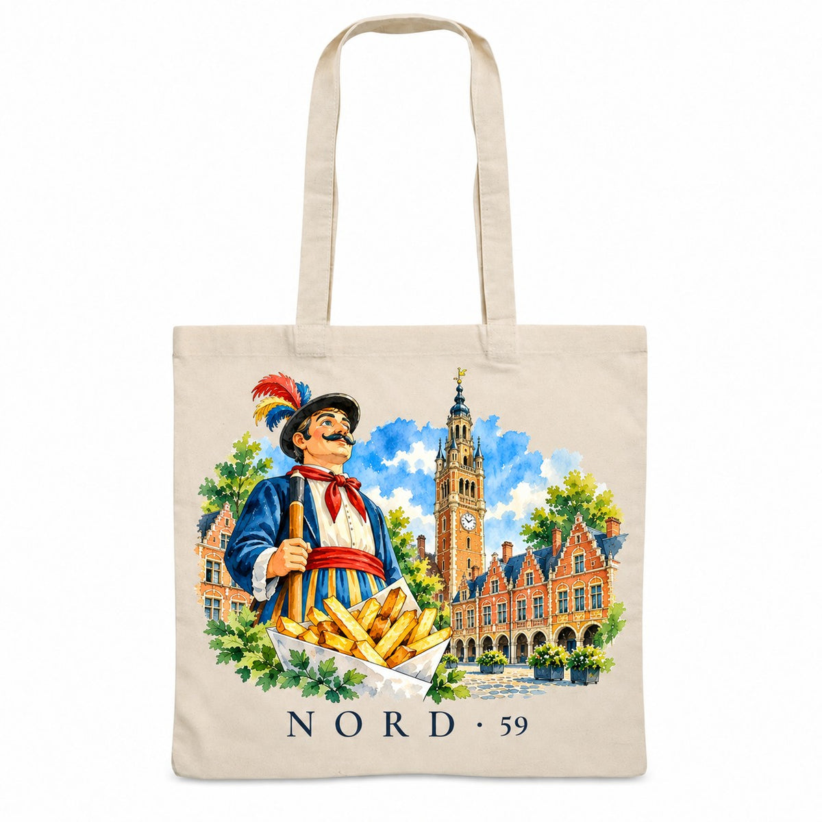 Tote bag Nord (59) Essentiel, sac plat en coton naturel 140 g/m² de 38 × 42 cm, illustration aquarelle d'un géant de carnaval, d'un beffroi et d'un cornet de frites