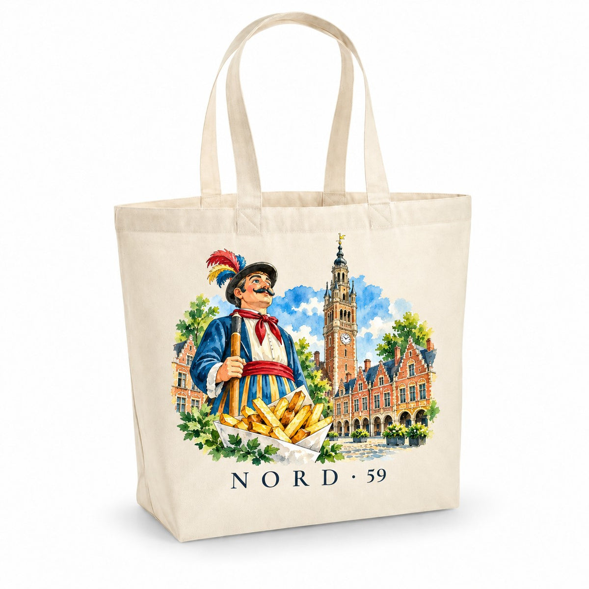 Tote bag Nord (59) Premium, cabas à soufflet en coton naturel 200 g/m² de 18 litres, illustration aquarelle d'un géant de carnaval, d'un beffroi et d'un cornet de frites
