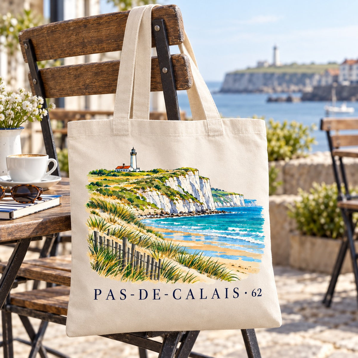 Tote bag Pas-de-Calais (62) Essentiel suspendu à une chaise en terrasse face à la mer et au phare, avec un café