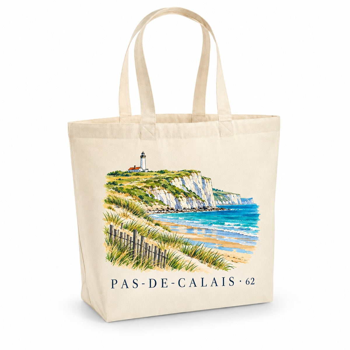 Tote bag Pas-de-Calais (62) Premium, cabas à soufflet en coton naturel 200 g/m² de 18 litres, illustration aquarelle des falaises de craie, d'un phare et des dunes