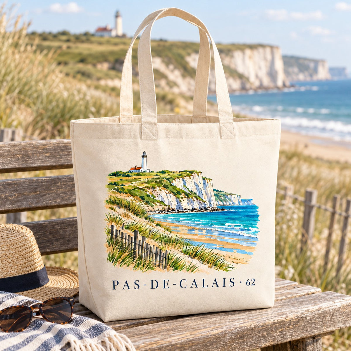 Tote bag Pas-de-Calais (62) Premium posé sur un banc de bois face aux dunes, avec un chapeau de paille