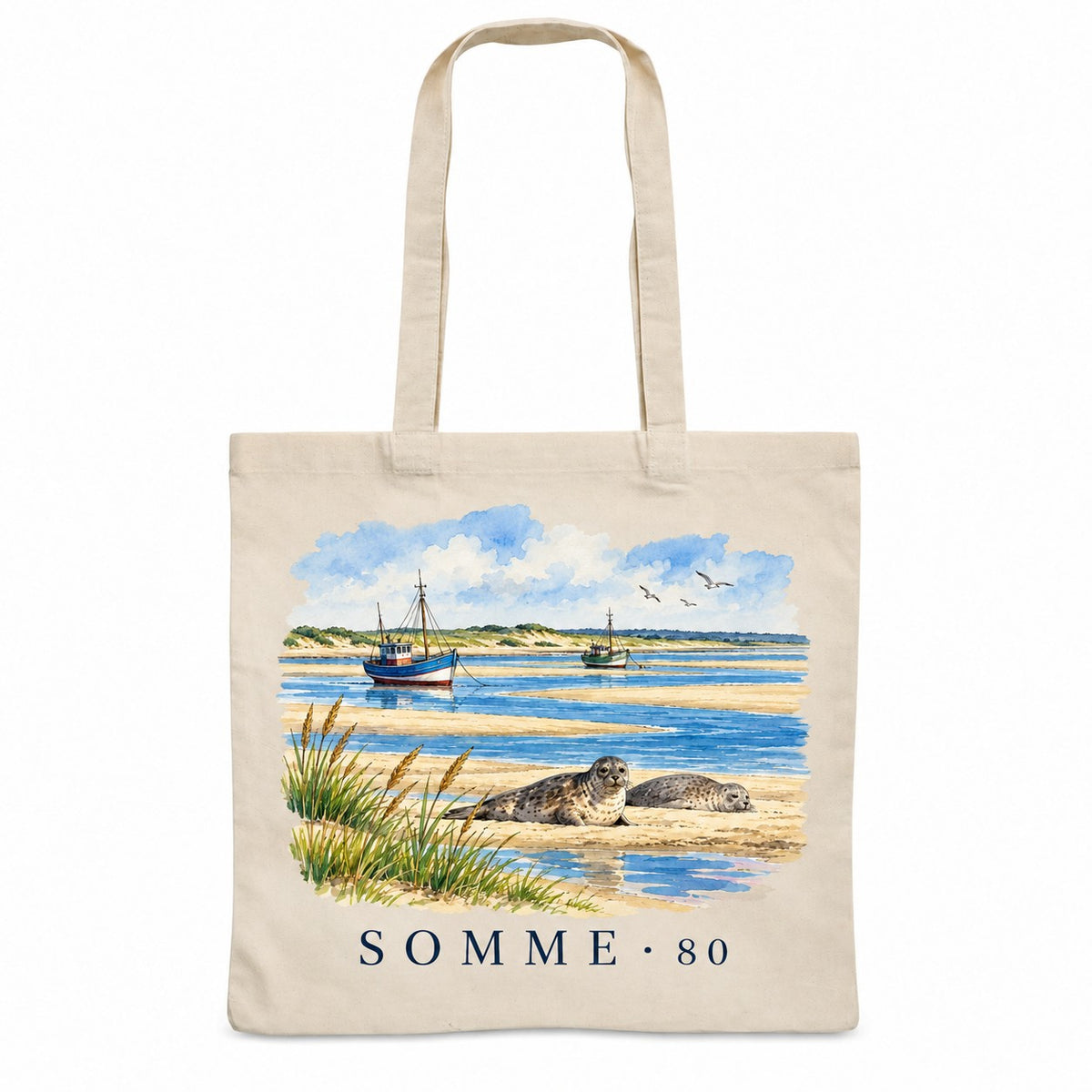 Tote bag Somme (80) Essentiel, sac plat en coton naturel 140 g/m² de 38 × 42 cm, illustration aquarelle de la baie, des phoques et des bateaux de pêche