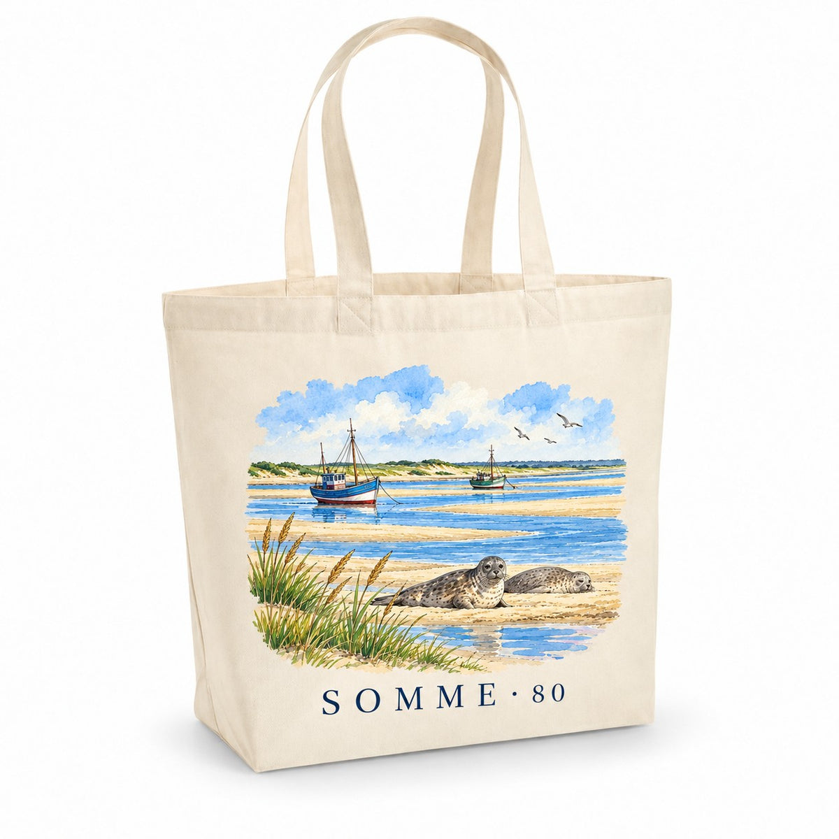 Tote bag Somme (80) Premium, cabas à soufflet en coton naturel 200 g/m² de 18 litres, illustration aquarelle de la baie, des phoques et des bateaux de pêche