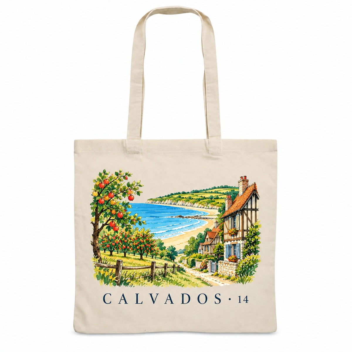 Tote bag Calvados (14) Essentiel, sac plat en coton naturel 140 g/m² de 38 × 42 cm, illustration aquarelle des pommiers, d'une plage et d'une maison à colombages