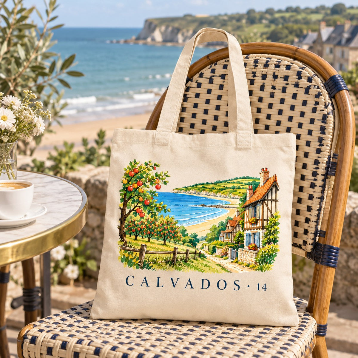 Tote bag Calvados (14) Essentiel suspendu à une chaise en terrasse face à la mer, avec un café