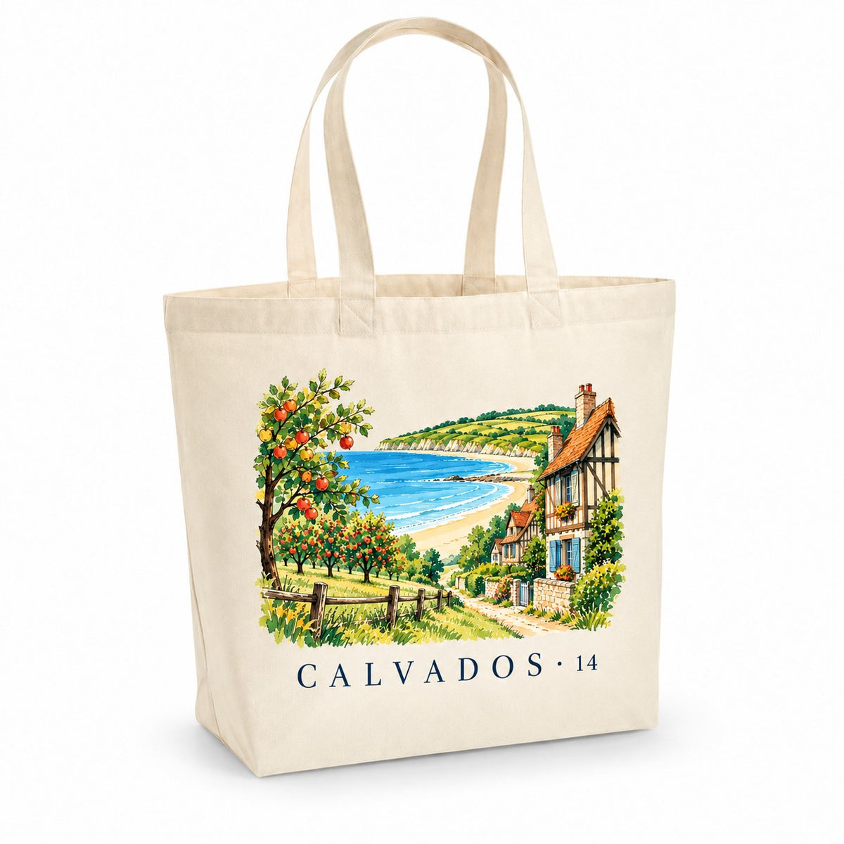 Tote bag Calvados (14) Premium, cabas à soufflet en coton naturel 200 g/m² de 18 litres, illustration aquarelle des pommiers, d'une plage et d'une maison à colombages