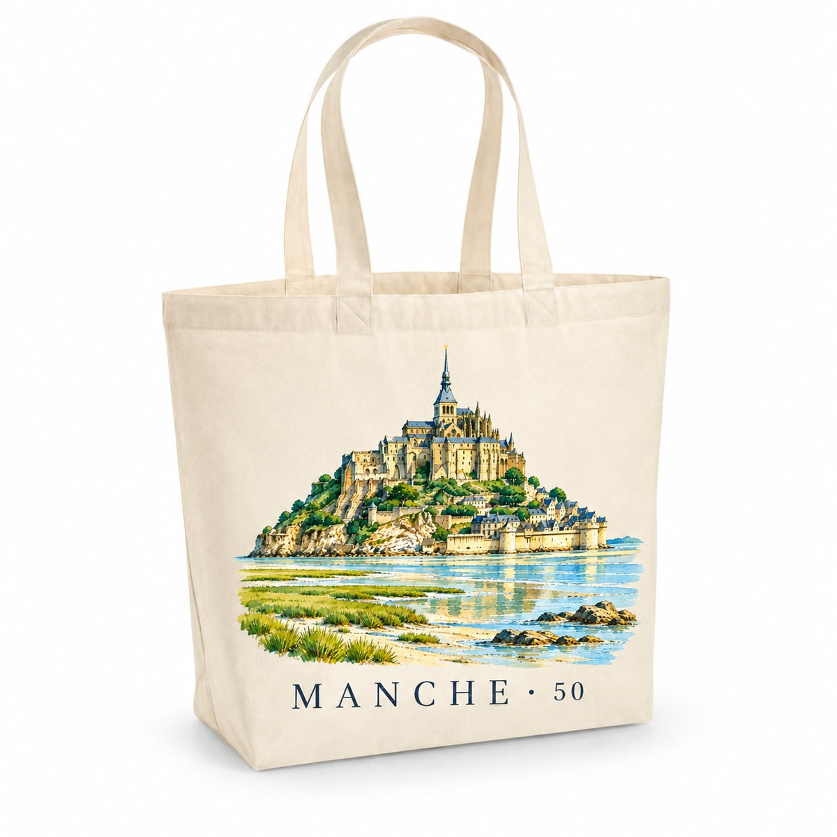 Tote bag Manche (50) Premium, cabas à soufflet en coton naturel 200 g/m² de 18 litres, illustration aquarelle du Mont-Saint-Michel et de sa baie