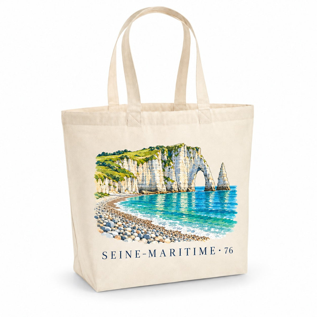 Tote bag Seine-Maritime (76) Premium, cabas à soufflet en coton naturel 200 g/m² de 18 litres, illustration aquarelle des falaises de craie, de l'arche, de l'aiguille et de la plage de galets