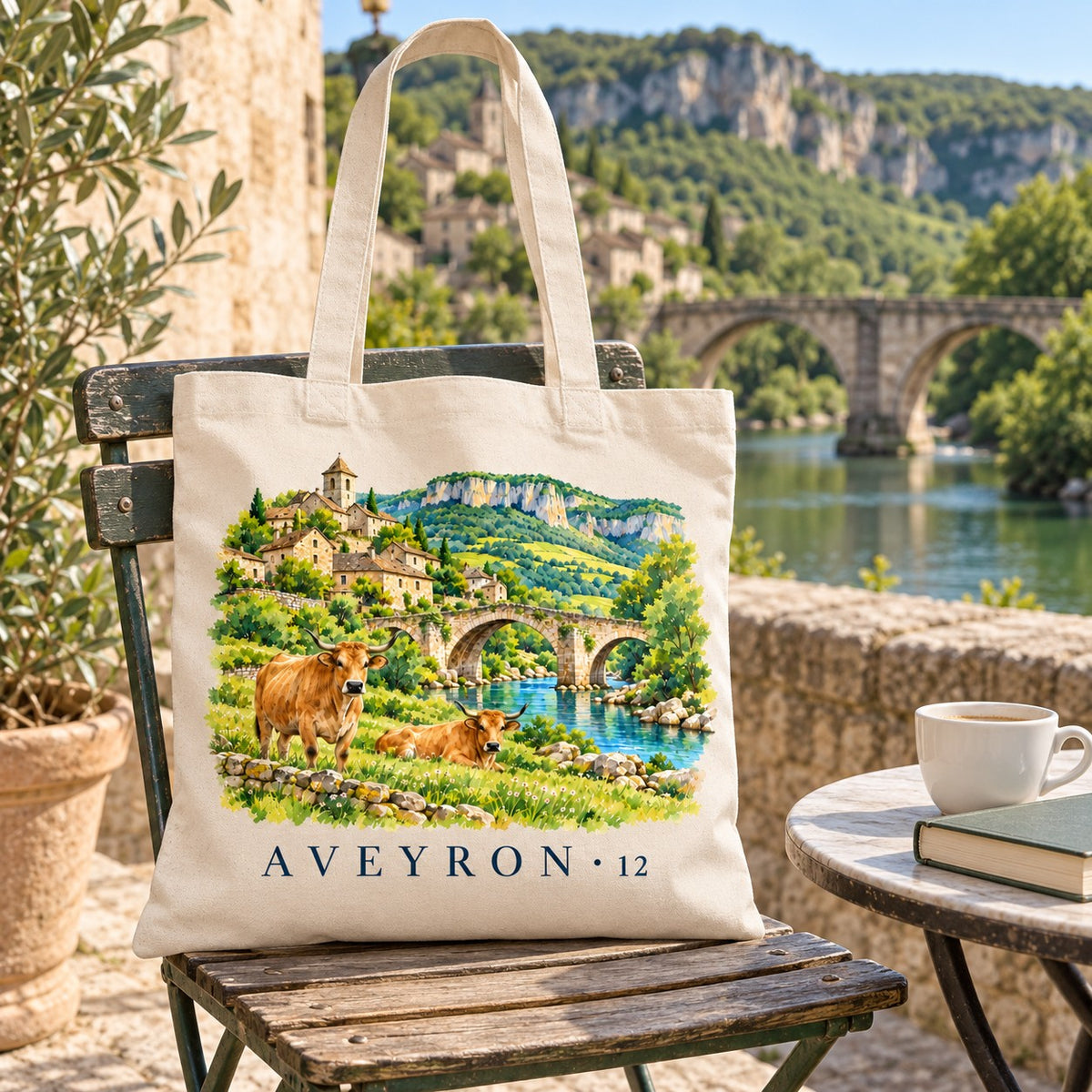 Tote bag Aveyron (12) Essentiel suspendu à une chaise en terrasse face au pont, avec un café et un livre