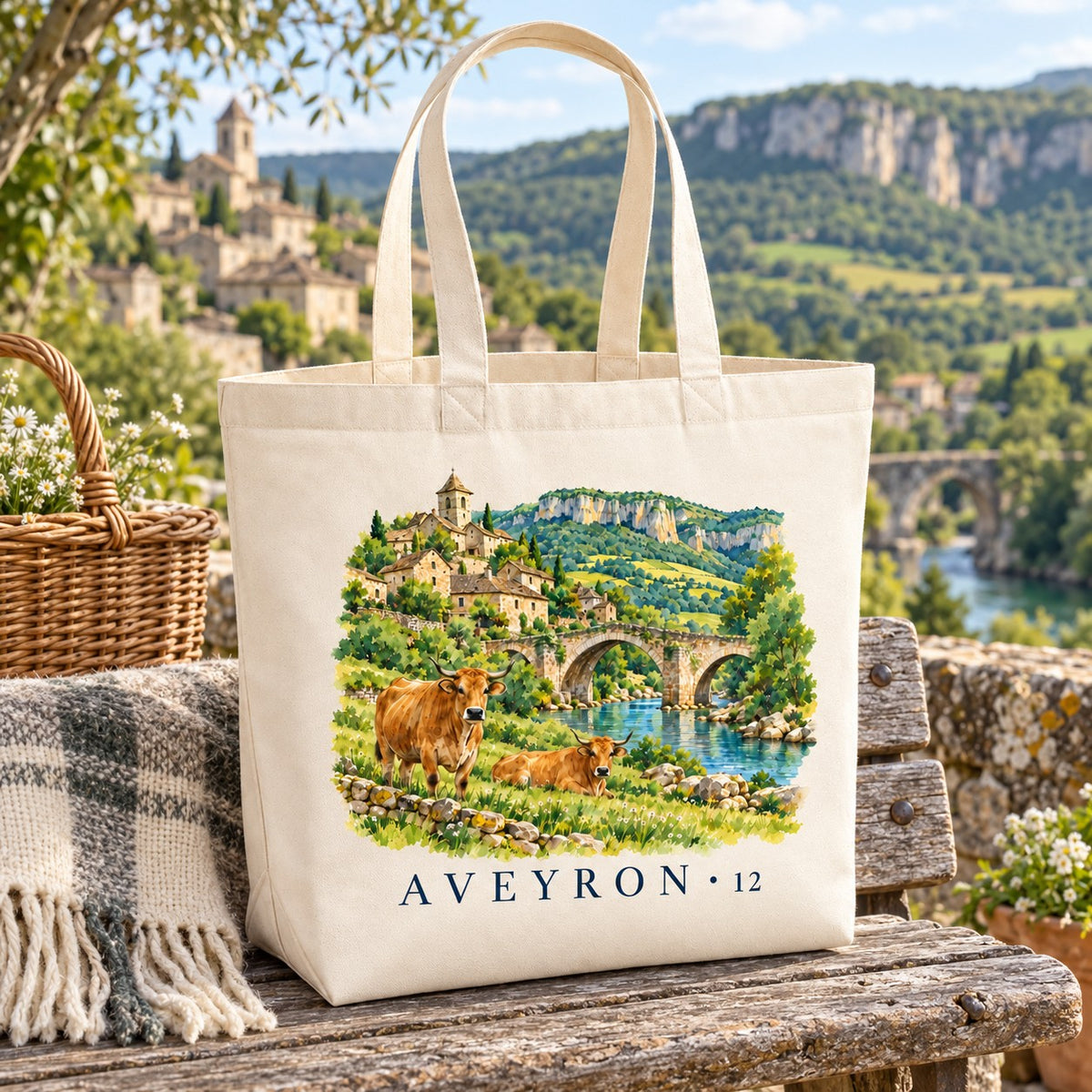 Tote bag Aveyron (12) Premium posé sur un banc de bois, avec un panier et un plaid, village en arrière-plan