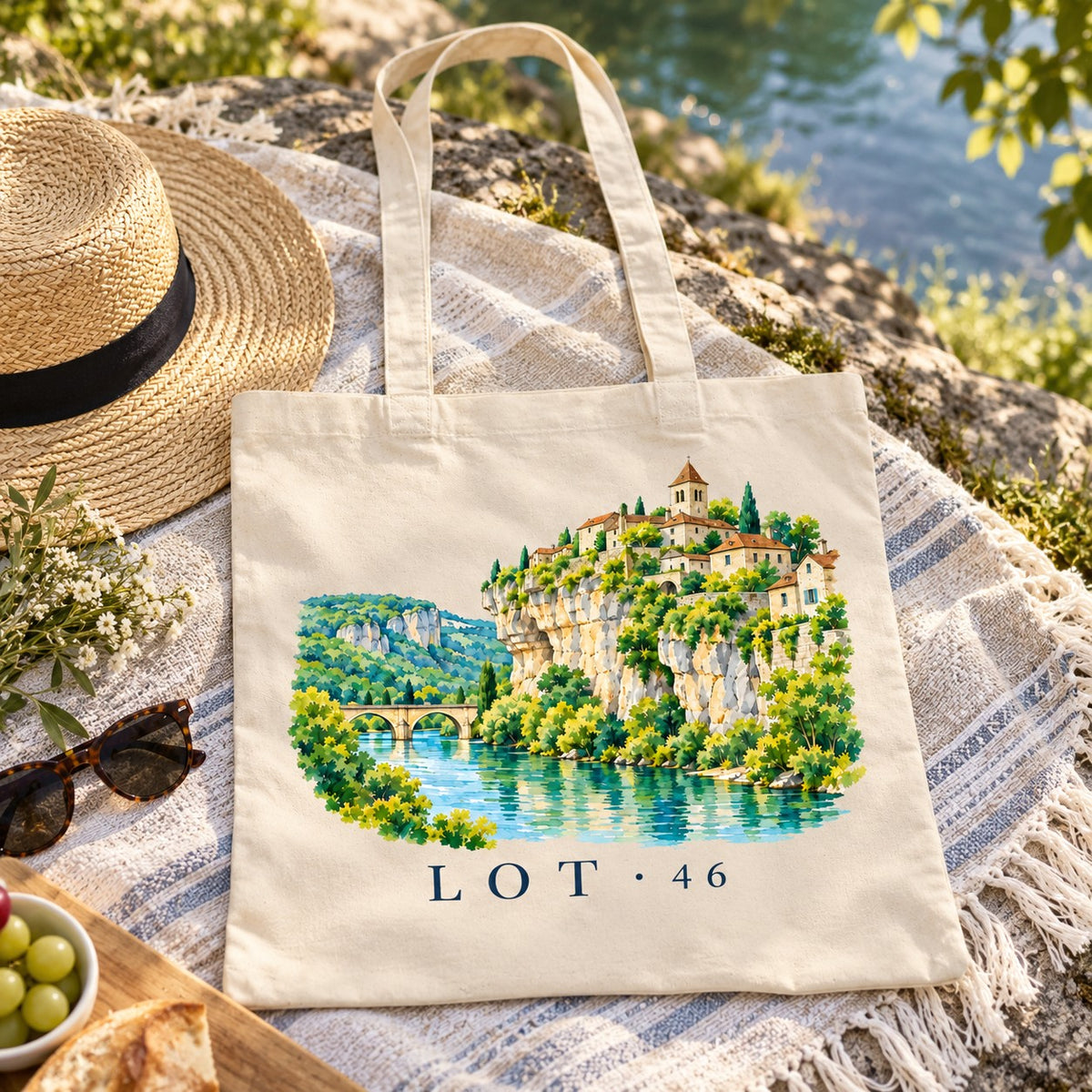 Tote bag Lot (46) Essentiel posé sur une nappe de pique-nique avec un chapeau de paille et des olives