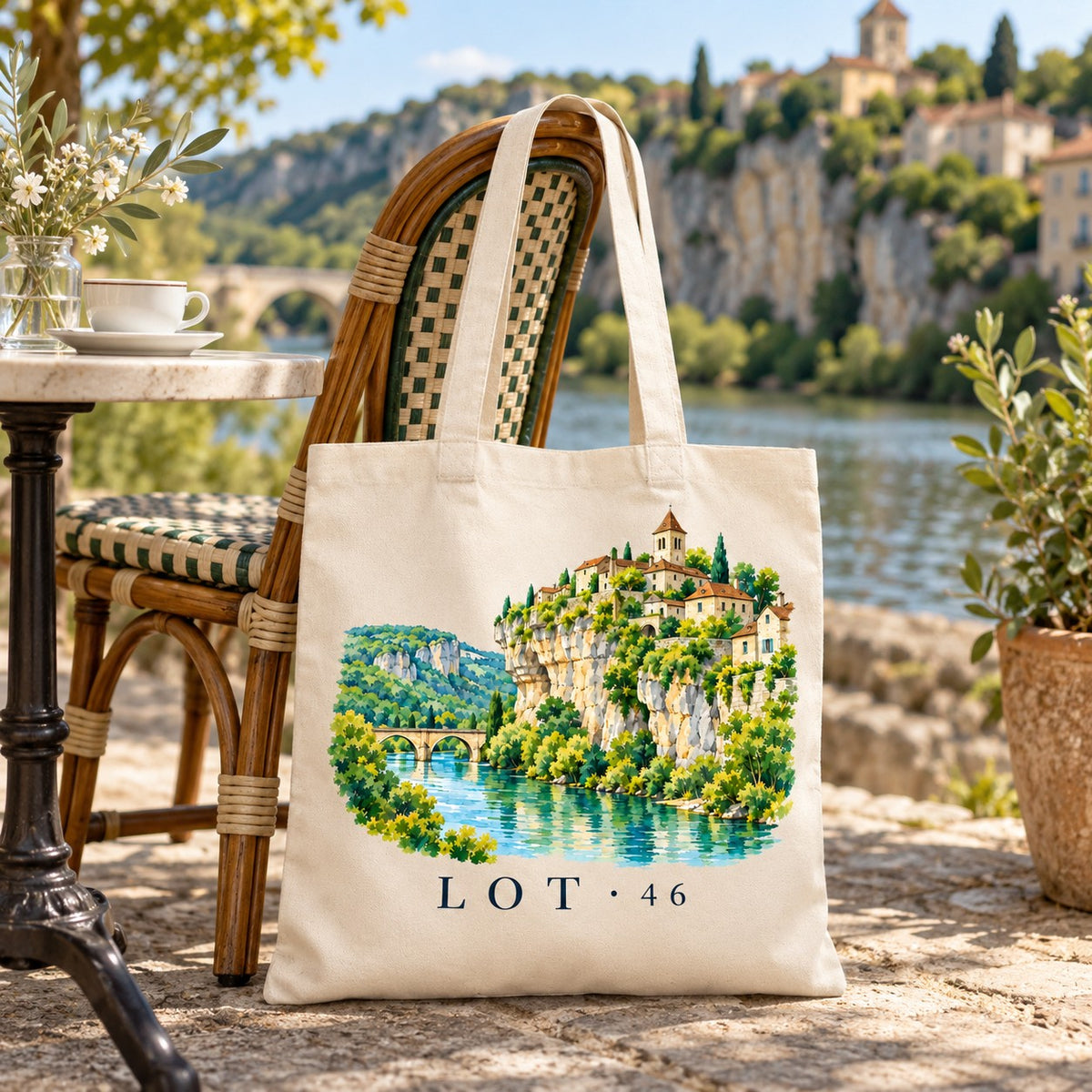 Tote bag Lot (46) Essentiel suspendu à une chaise en terrasse face à la falaise et à la rivière, avec un café
