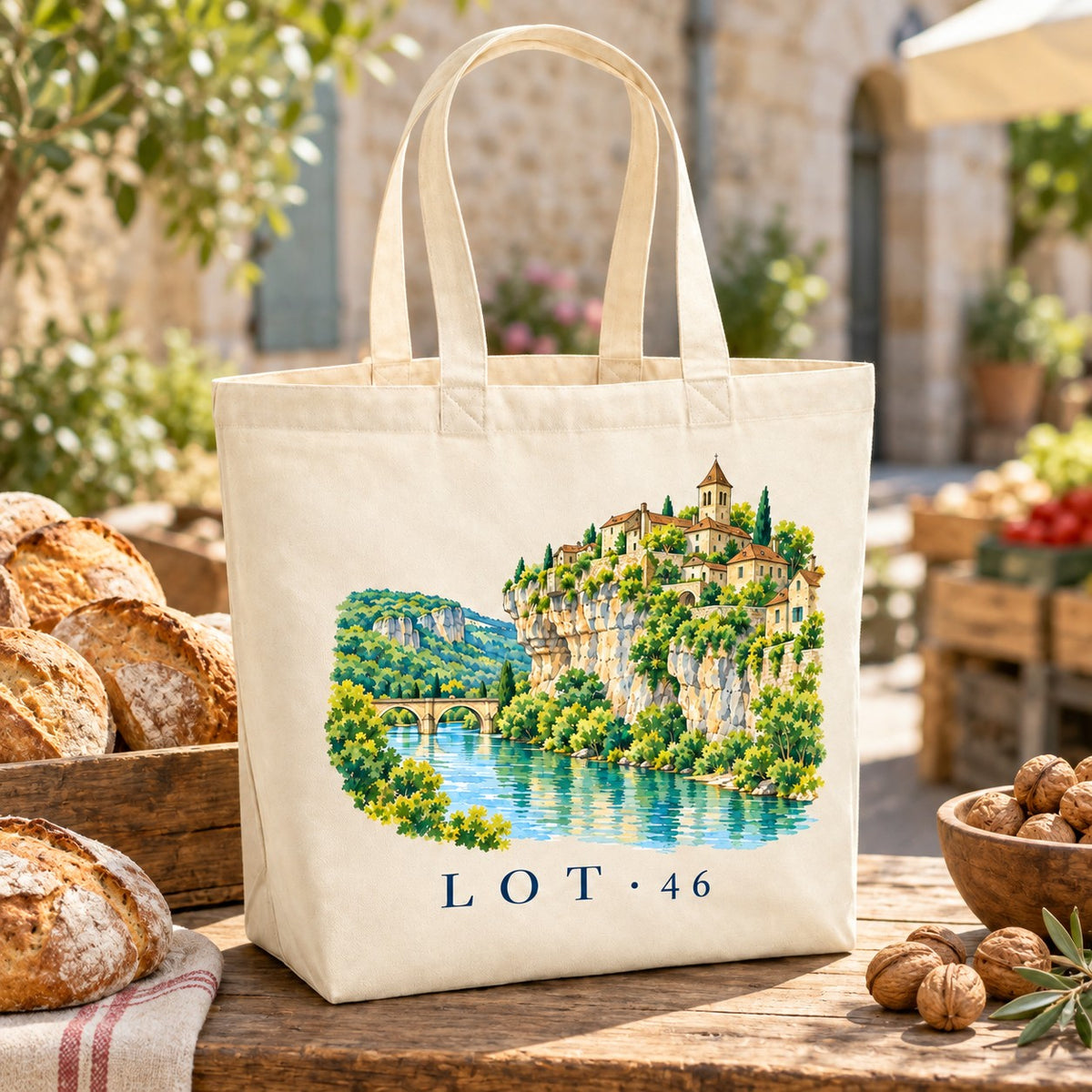 Tote bag Lot (46) Premium posé sur un étal de marché avec du pain et des noix