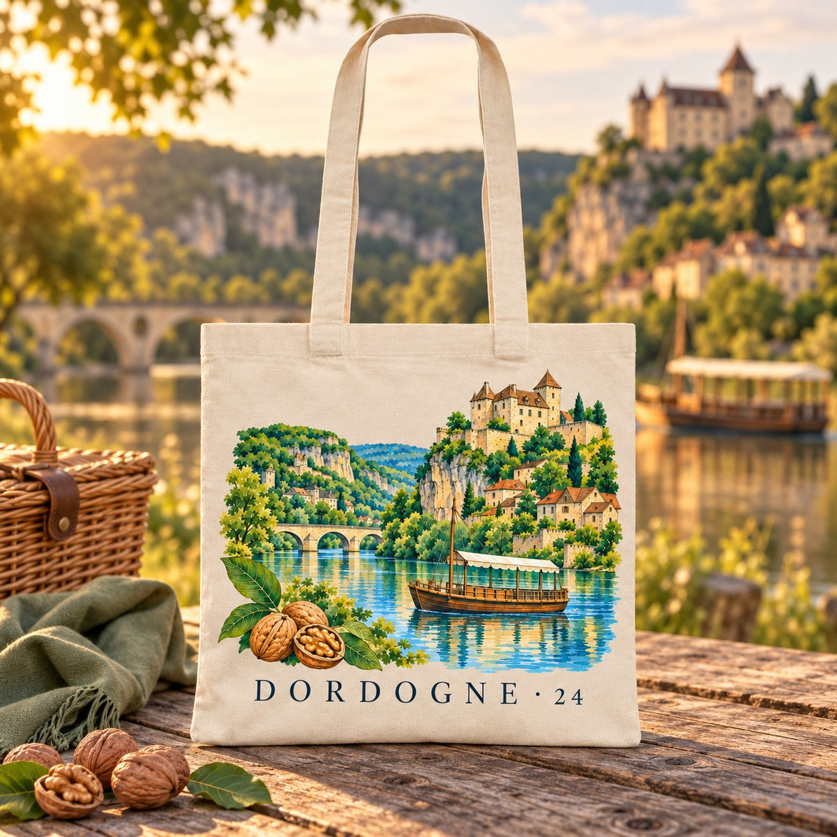 Tote bag Dordogne (24) Essentiel posé sur une table de bois au coucher du soleil, avec des noix et un panier
