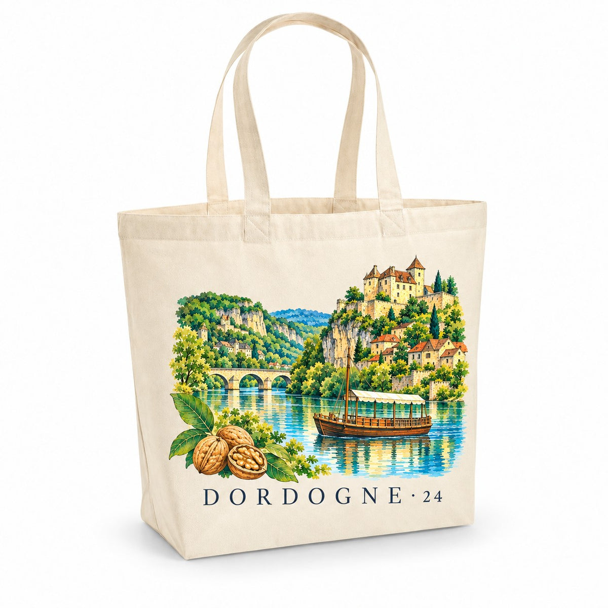 Tote bag Dordogne (24) Premium, cabas à soufflet en coton naturel 200 g/m² de 18 litres, illustration aquarelle d'un château perché, d'une gabarre sur la rivière et de noix