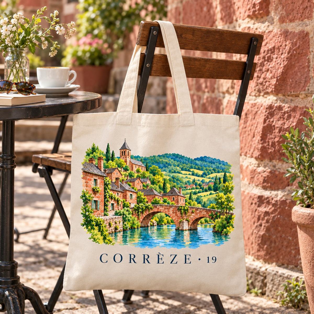 Tote bag Corrèze (19) Essentiel suspendu à une chaise en terrasse contre un mur de grès rouge, avec un café