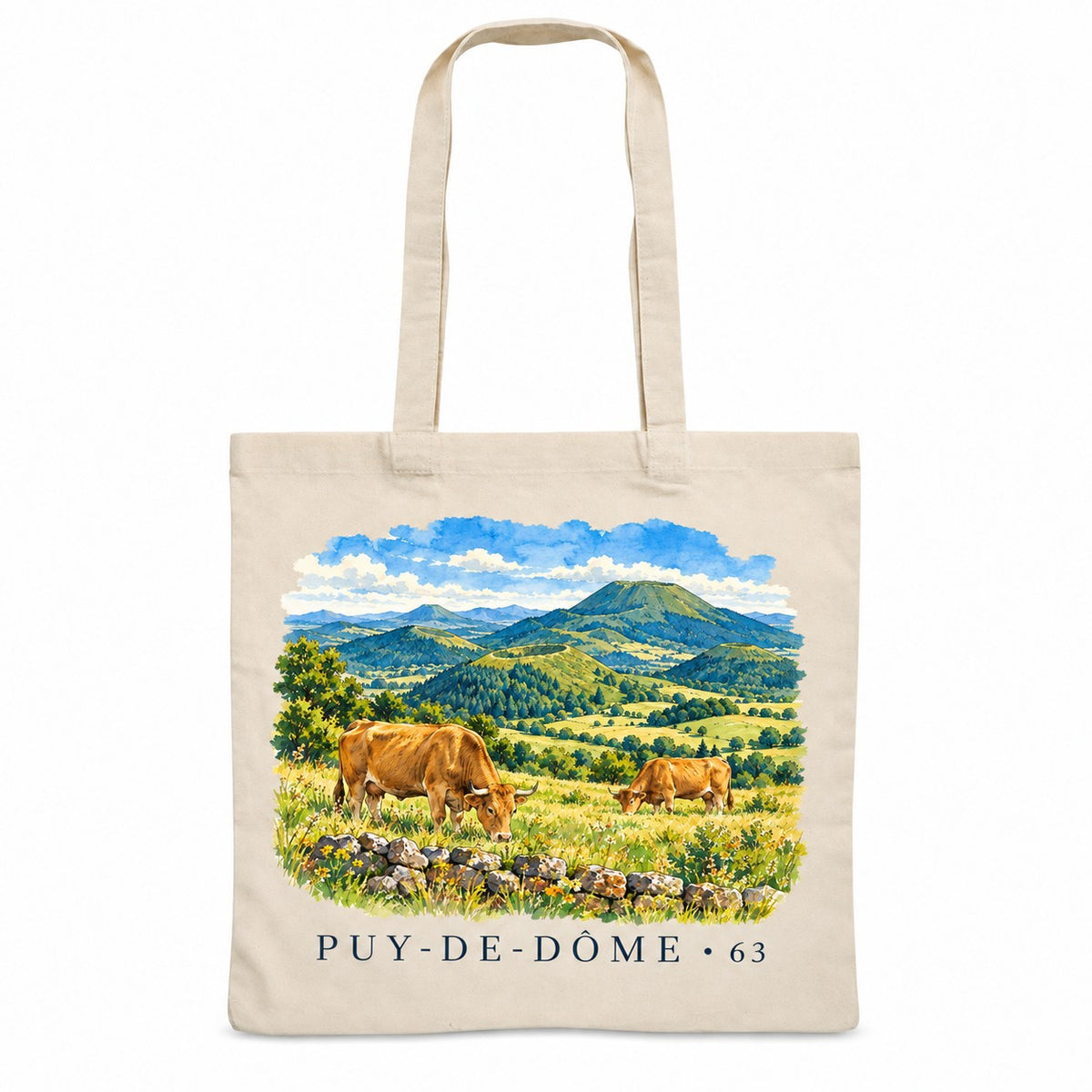 Tote bag Puy-de-Dôme (63) Essentiel, sac plat en coton naturel 140 g/m² de 38 × 42 cm, illustration aquarelle de la chaîne des volcans, des prairies et des vaches