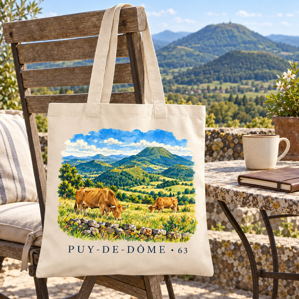 Tote bag Puy-de-Dôme (63) Essentiel suspendu à une chaise en terrasse face aux volcans, avec un café et un carnet