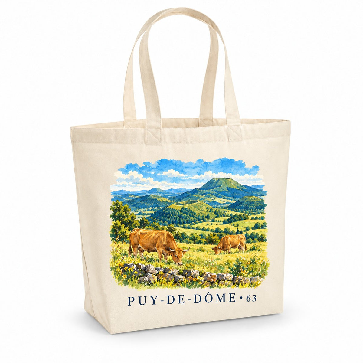 Tote bag Puy-de-Dôme (63) Premium, cabas à soufflet en coton naturel 200 g/m² de 18 litres, illustration aquarelle de la chaîne des volcans, des prairies et des vaches