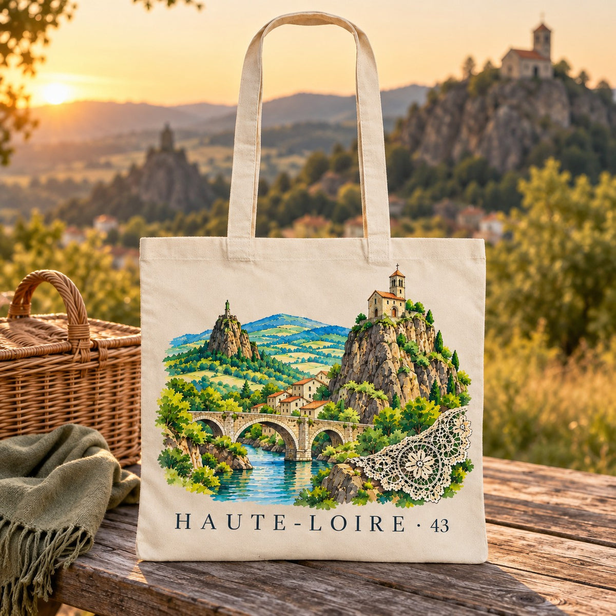 Tote bag Haute-Loire (43) Essentiel posé sur une table de bois au coucher du soleil, avec un panier