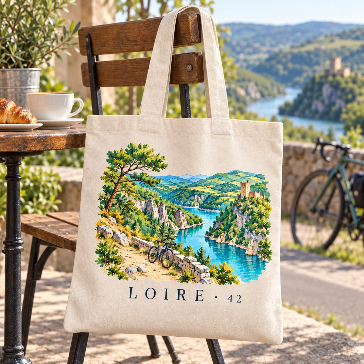 Tote bag Loire (42) Essentiel suspendu à une chaise en terrasse, avec un café, un croissant et un vélo