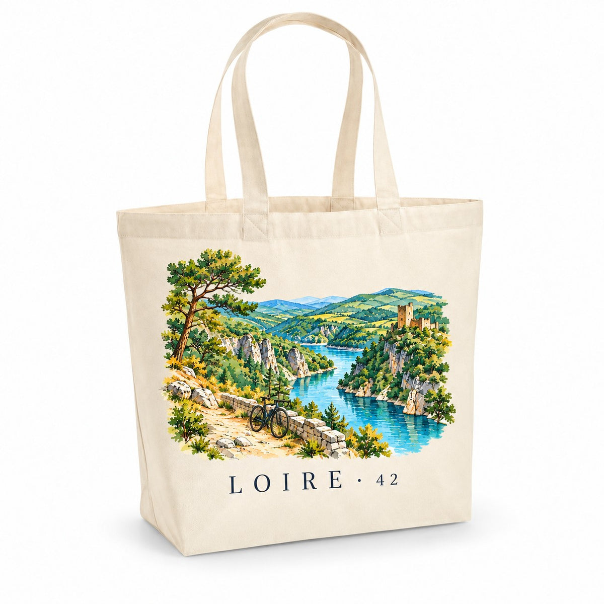 Tote bag Loire (42) Premium, cabas à soufflet en coton naturel 200 g/m² de 18 litres, illustration aquarelle des gorges de la Loire, d'un lac et d'une tour médiévale