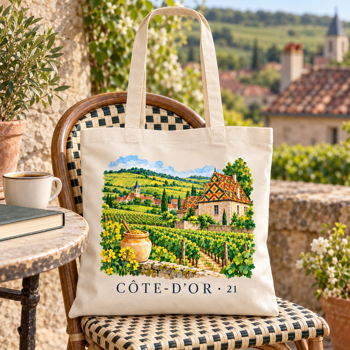 Tote bag Côte-d'Or (21) Essentiel suspendu à un fauteuil bistrot en rotin en terrasse, avec un café et un livre