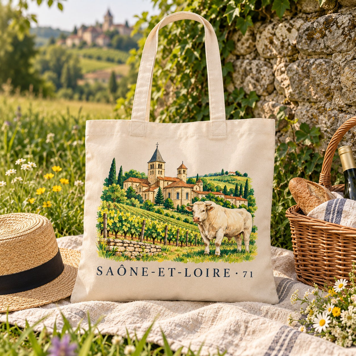 Tote bag Saône-et-Loire (71) Essentiel posé sur une nappe de pique-nique face aux vignes, avec un chapeau de paille