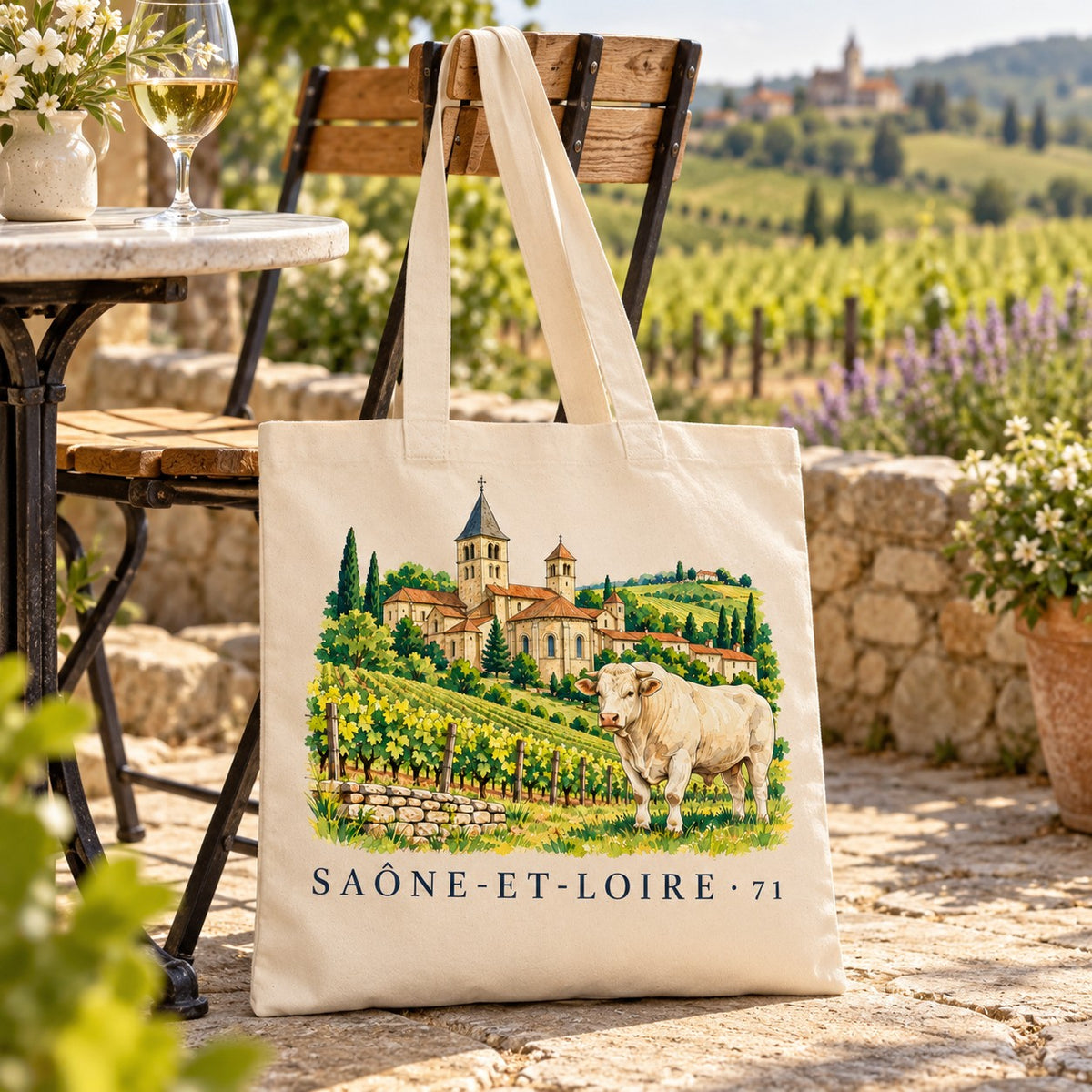 Tote bag Saône-et-Loire (71) Essentiel suspendu à une chaise en terrasse face aux vignes