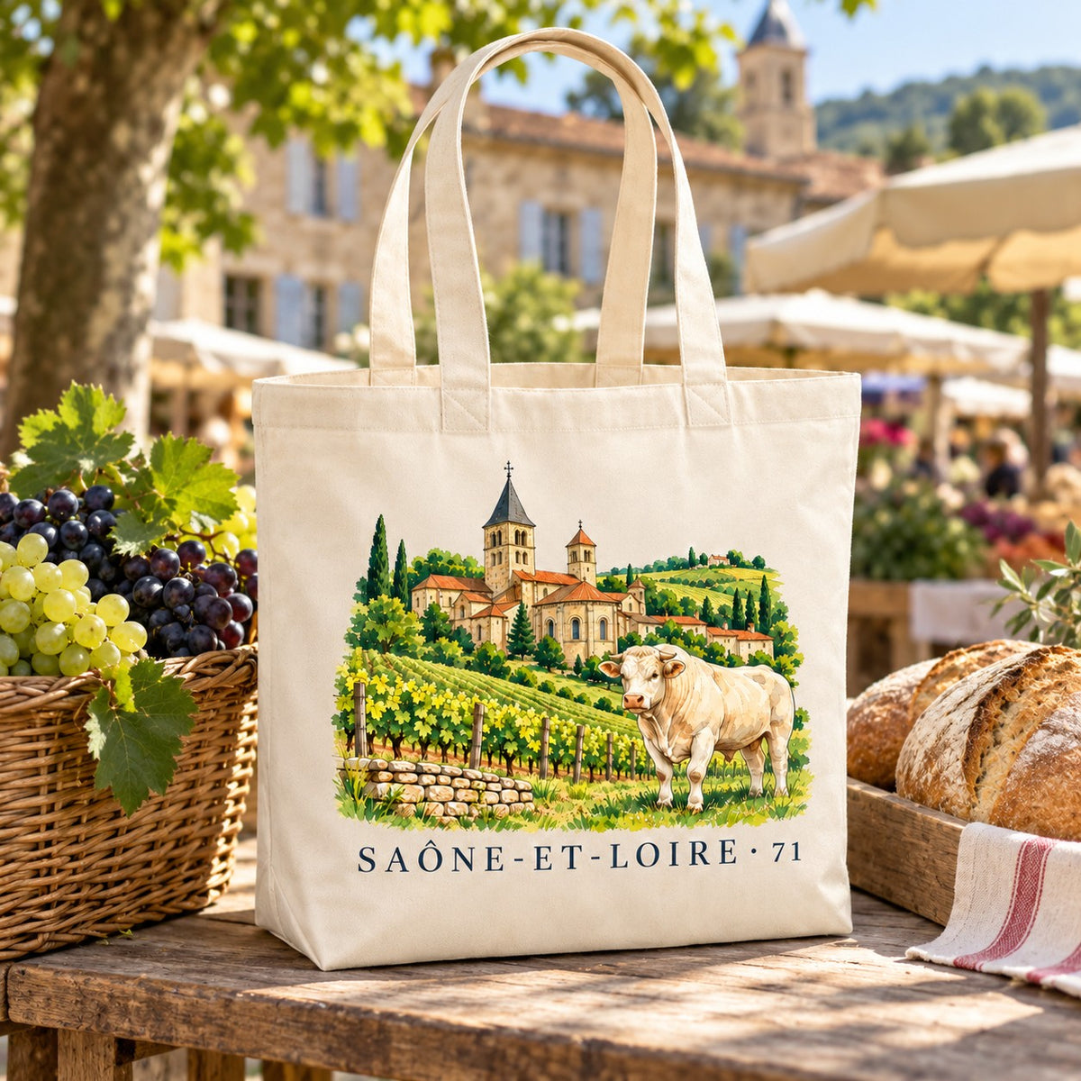 Tote bag Saône-et-Loire (71) Premium posé sur un étal de marché avec du raisin et du pain
