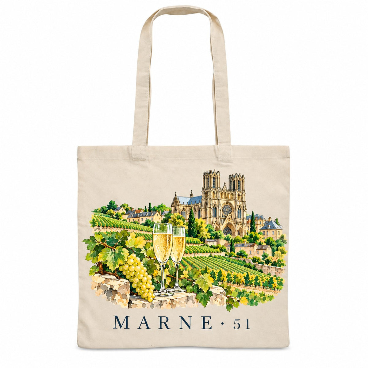 Tote bag Marne (51) Essentiel, sac plat en coton naturel 140 g/m² de 38 × 42 cm, illustration aquarelle de la cathédrale, des coteaux de vignes et d'une grappe de raisin