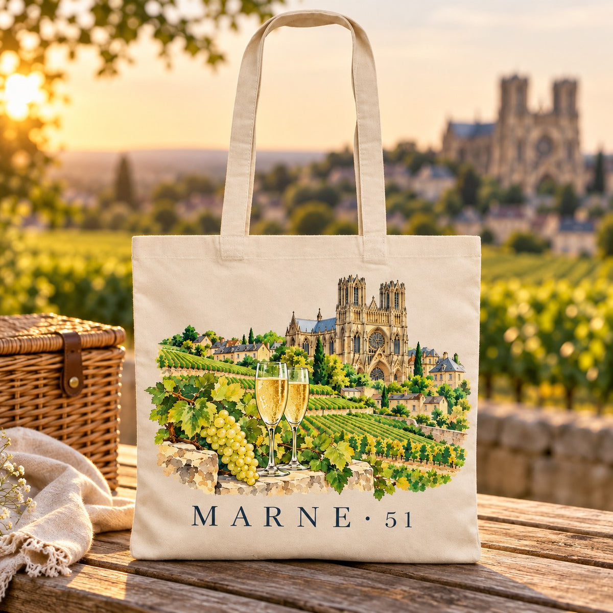 Tote bag Marne (51) Essentiel posé sur une table de bois au coucher du soleil, cathédrale en arrière-plan