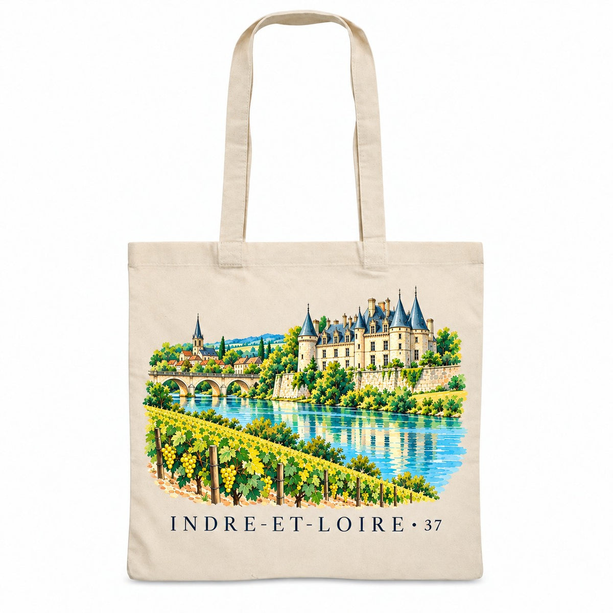 Tote bag Indre-et-Loire (37) Essentiel, sac plat en coton naturel 140 g/m² de 38 × 42 cm, illustration aquarelle d'un château de la Loire, du fleuve et des vignes