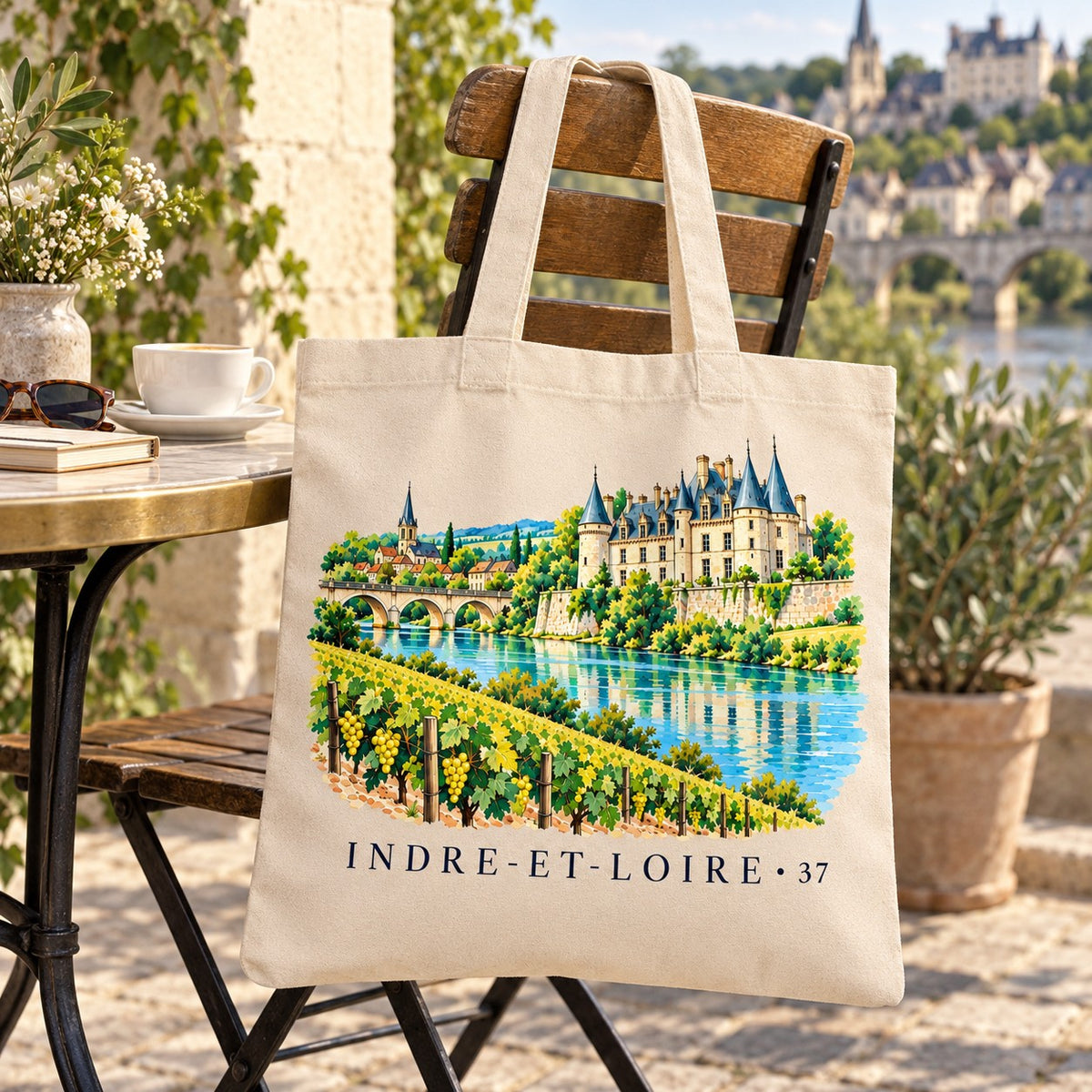 Tote bag Indre-et-Loire (37) Essentiel suspendu à une chaise en terrasse, avec un café et des lunettes de soleil