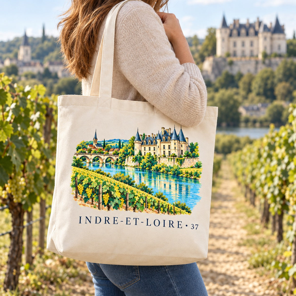 Tote bag Indre-et-Loire (37) Premium porté à l'épaule sur un chemin de vignes, château en arrière-plan