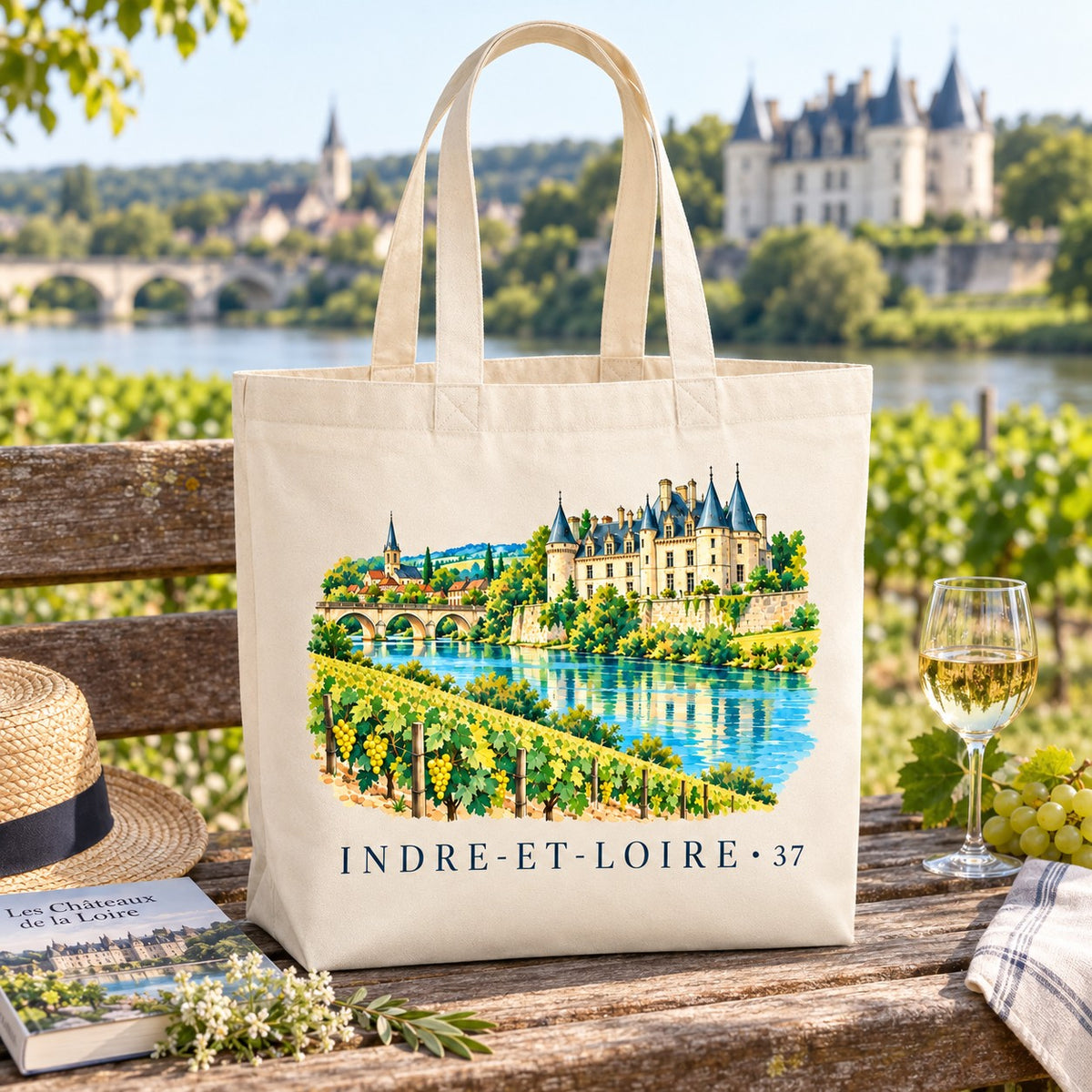 Tote bag Indre-et-Loire (37) Premium posé sur une table de bois face à la Loire, avec un chapeau de paille et un livre