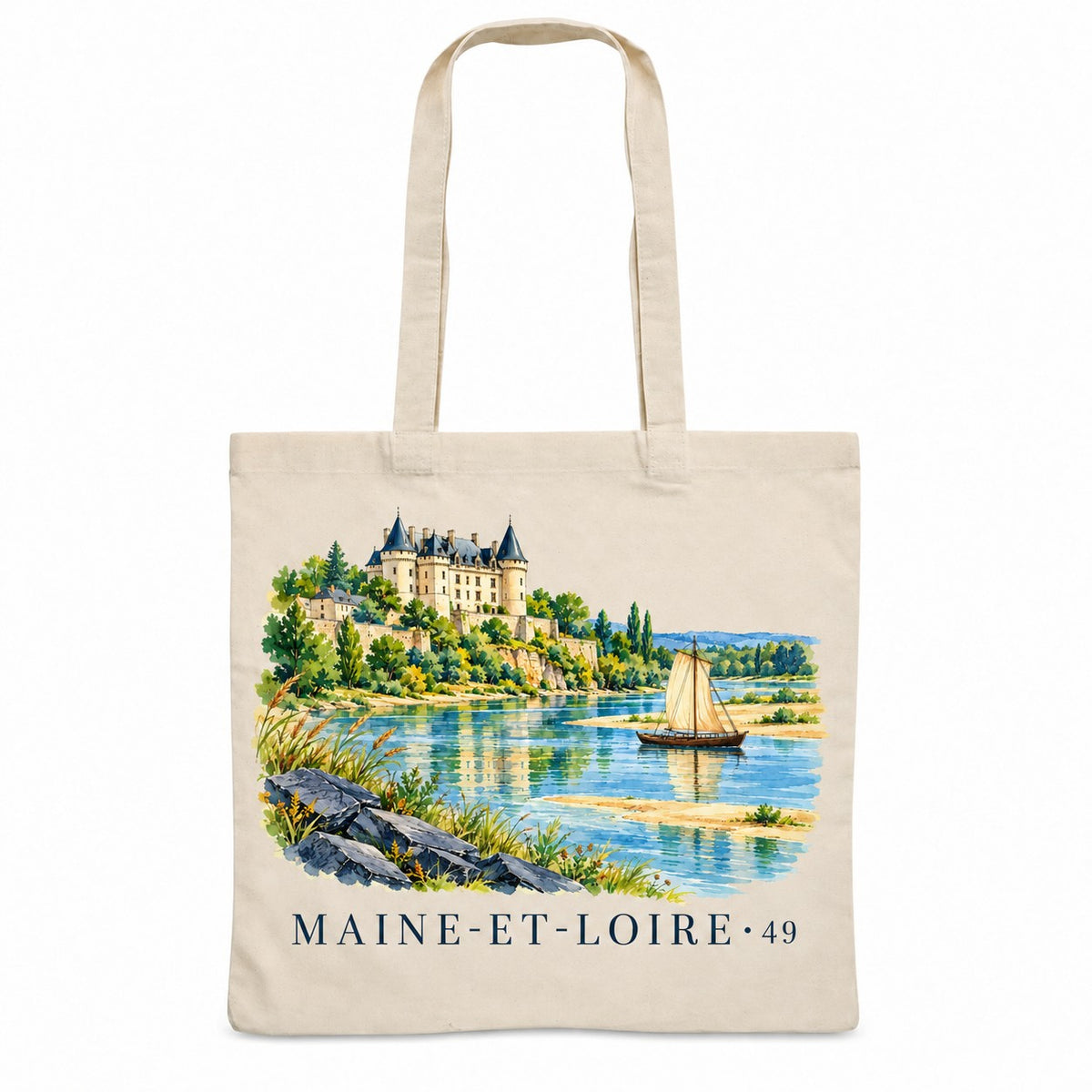 Tote bag Maine-et-Loire (49) Essentiel, sac plat en coton naturel 140 g/m² de 38 × 42 cm, illustration aquarelle d'un château dominant la Loire, d'une voile et des ardoises