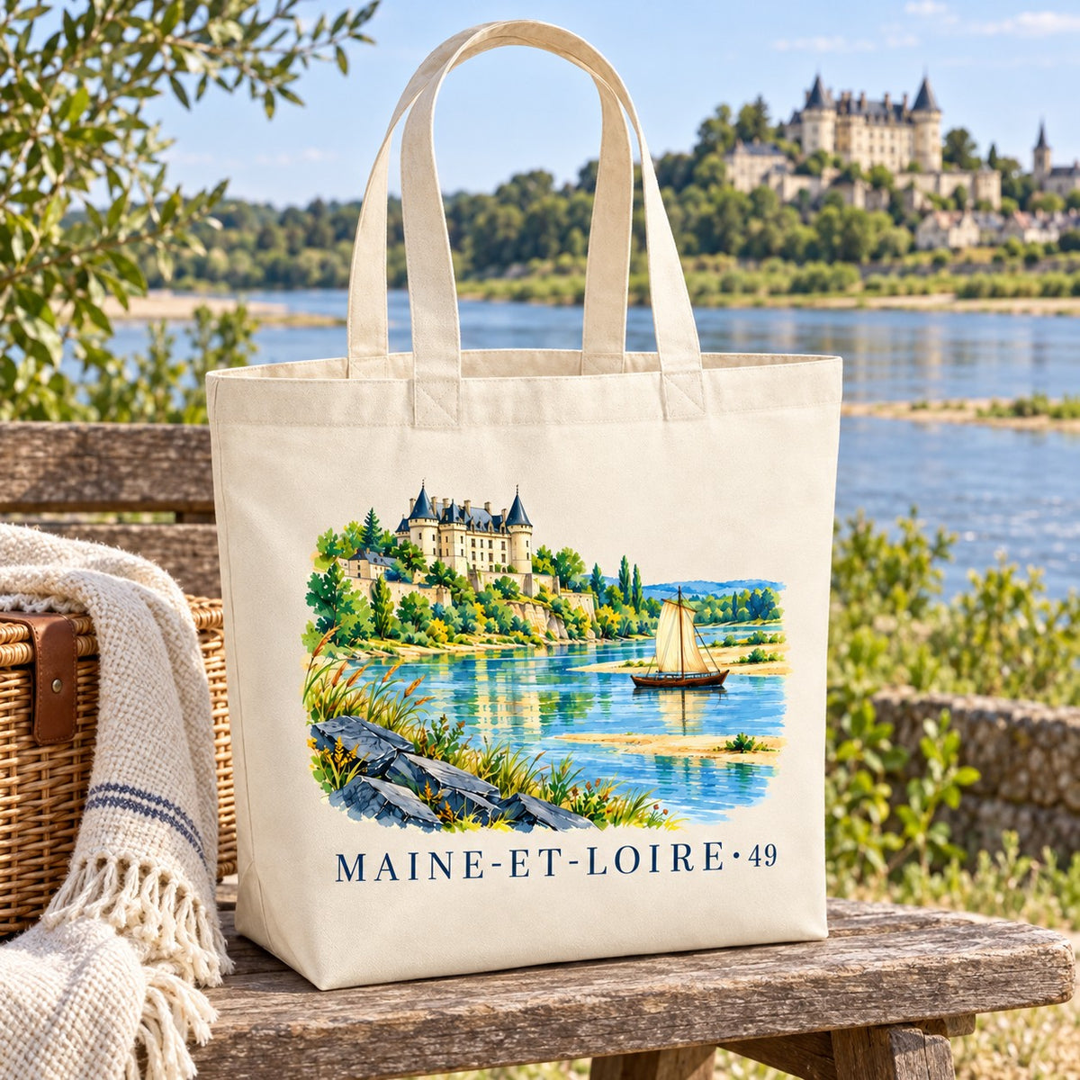 Tote bag Maine-et-Loire (49) Premium posé sur un banc de bois face à la Loire, avec un panier et un plaid