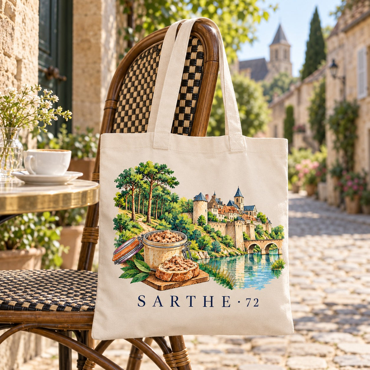 Tote bag Sarthe (72) Essentiel suspendu à un fauteuil bistrot en rotin dans une ruelle pavée, avec un café