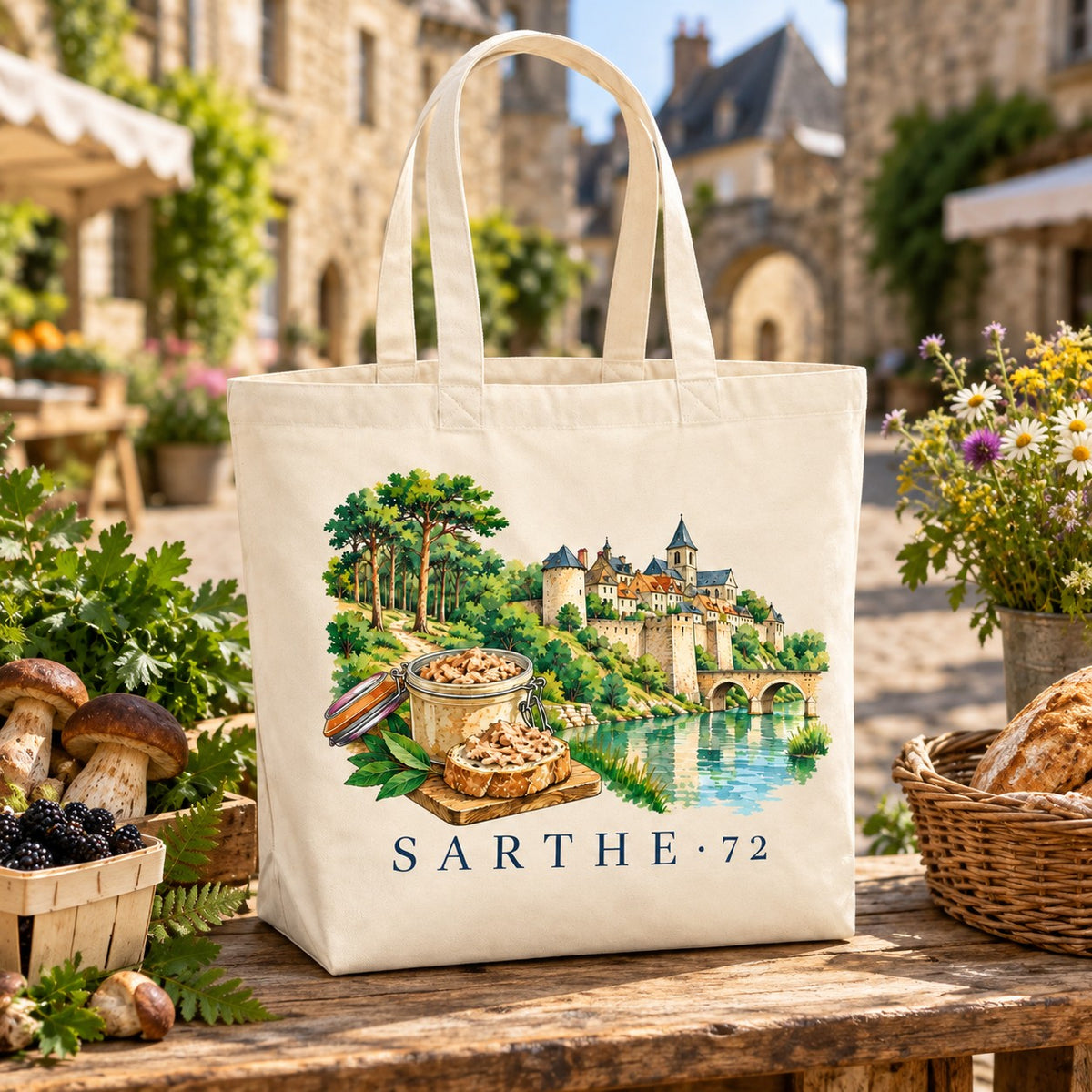 Tote bag Sarthe (72) Premium posé sur une table de marché, avec des champignons, des mûres et un pain de campagne