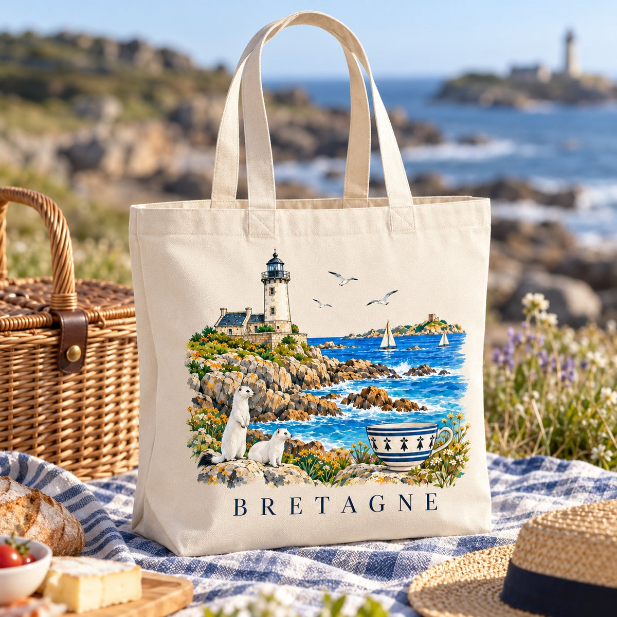 Tote bag Bretagne Premium posé sur un plaid face à la côte, avec un panier de pique-nique