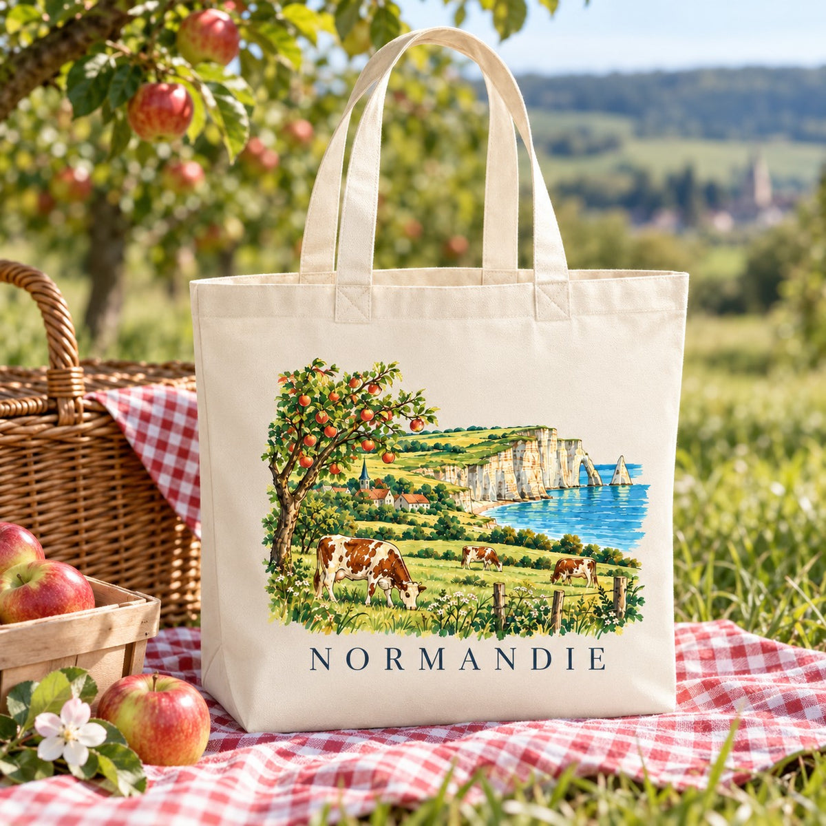 Tote bag Normandie Premium posé sur une nappe à carreaux rouges dans le verger, avec des pommes